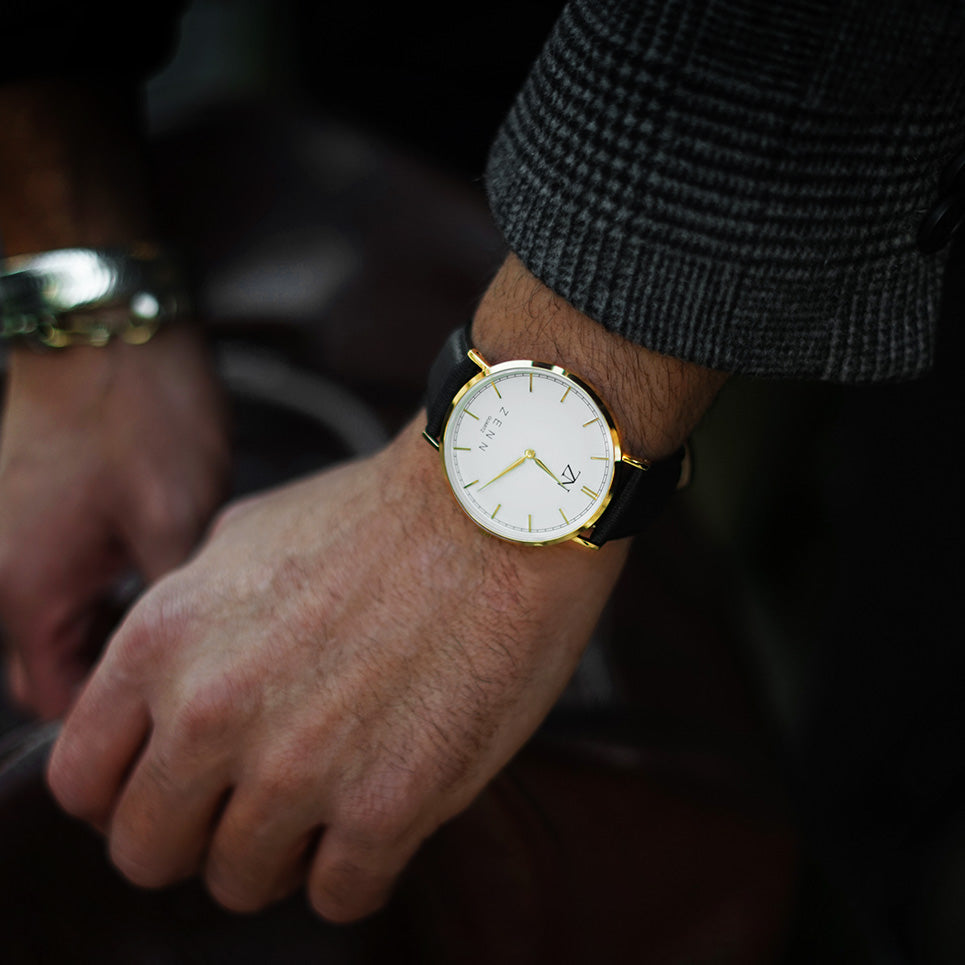 ZENN Mens Black Gold Leather Watch
